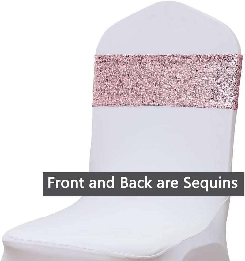 SINSSOWL Pack of 50 Spandex Sequins Rose Gold Chair Sashes for Wedding Party Rose Gold Chair Bands Bows Ties - Sequin Rose Gold Chairs Sashes - Image 4
